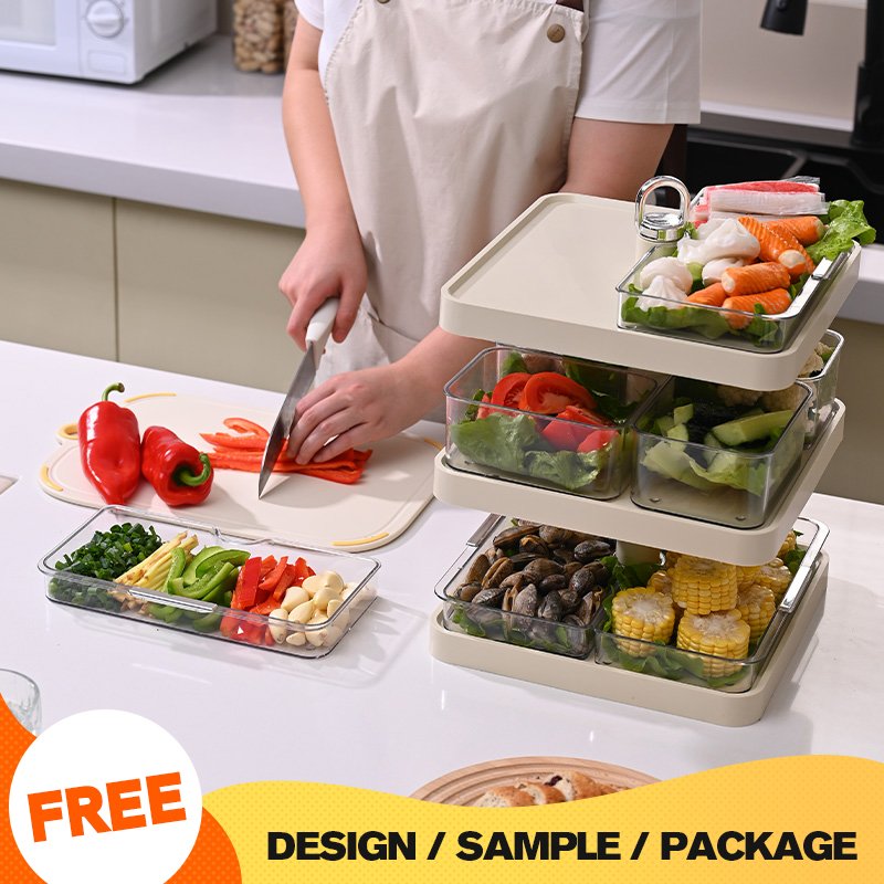 Wannuo 360° Rotating 3-Layer Storage Rack Lattice Partition Plastic Food Storage Holders & Racks with Handle for Kitchen