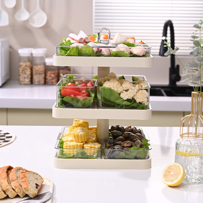 Wannuo 360° Rotating 3-Layer Storage Rack Lattice Partition Plastic Food Storage Holders & Racks with Handle for Kitchen