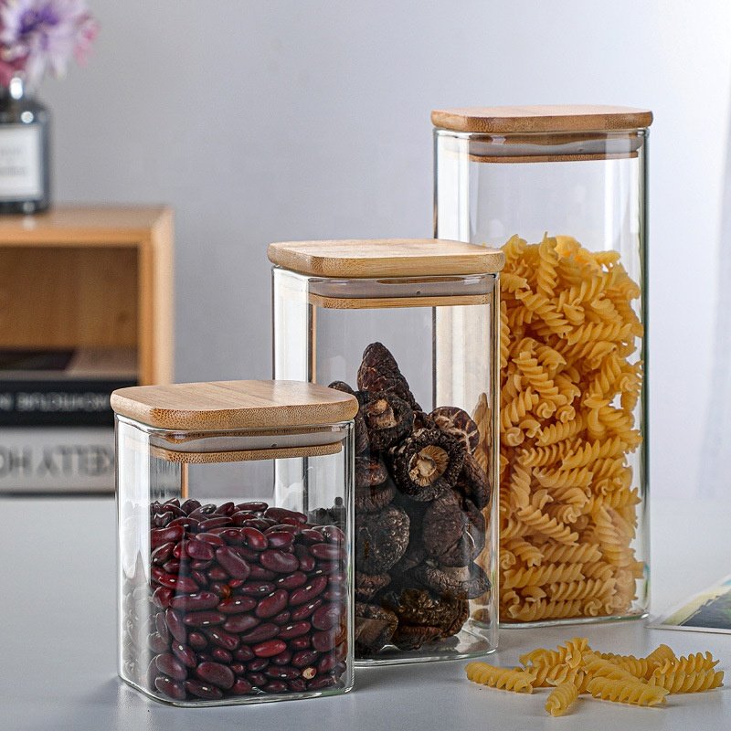 Customized borosilicate glass airtight storage round and square jar set 6pcs a set and 12pcs a set