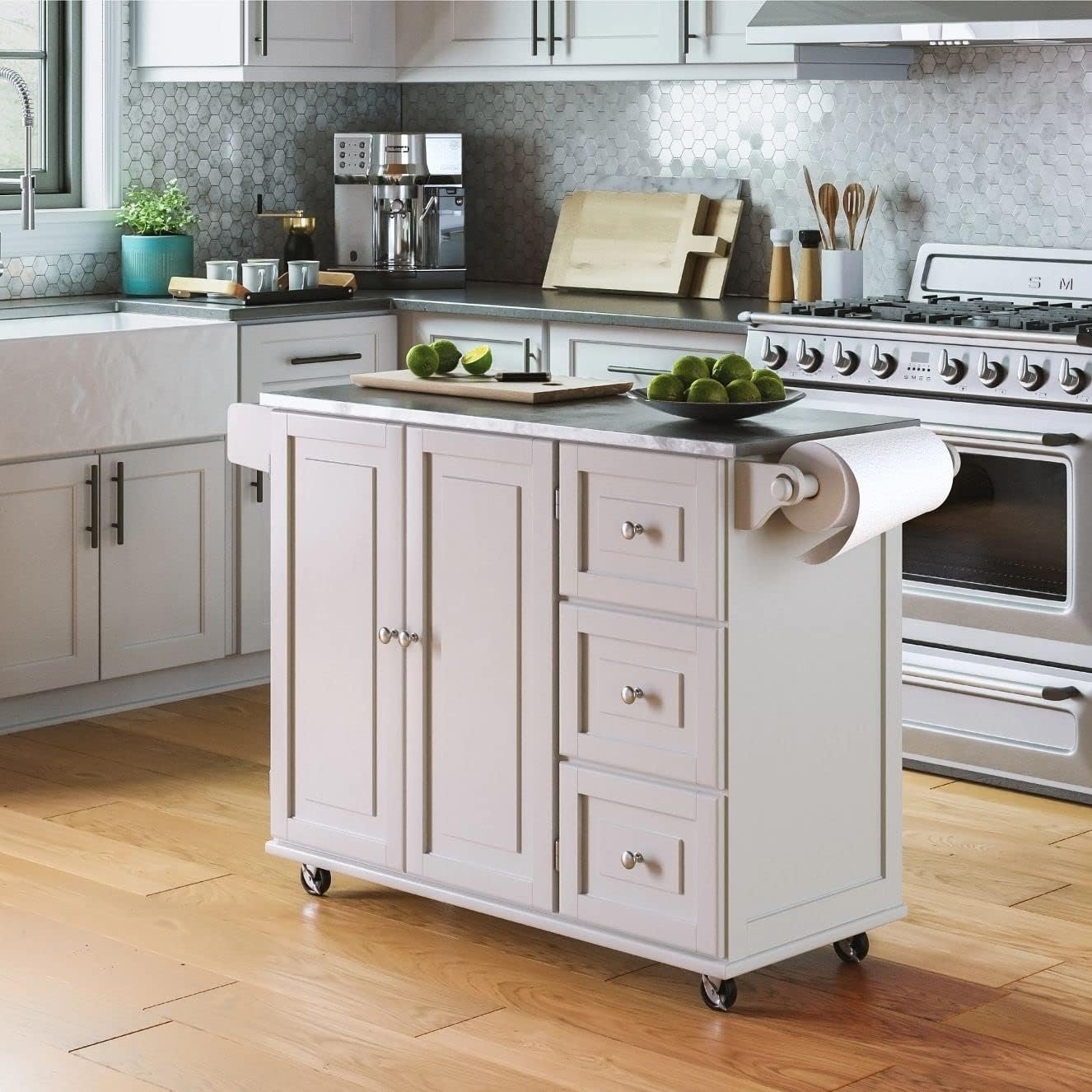 Homestyles Kitchen Cart with Stainless Steel Metal Top Rolling Mobile Kitchen Island with Storage and Towel Rack