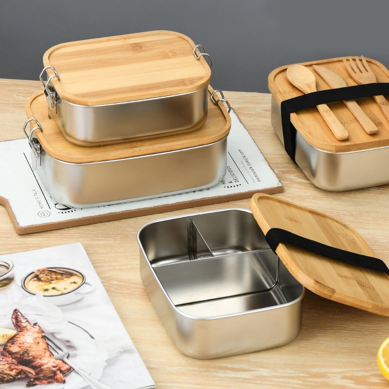 Rectangular leakproof 316 stainless steel lunch box with bamboo lid Belt buckle silicone ring food storage box bento box