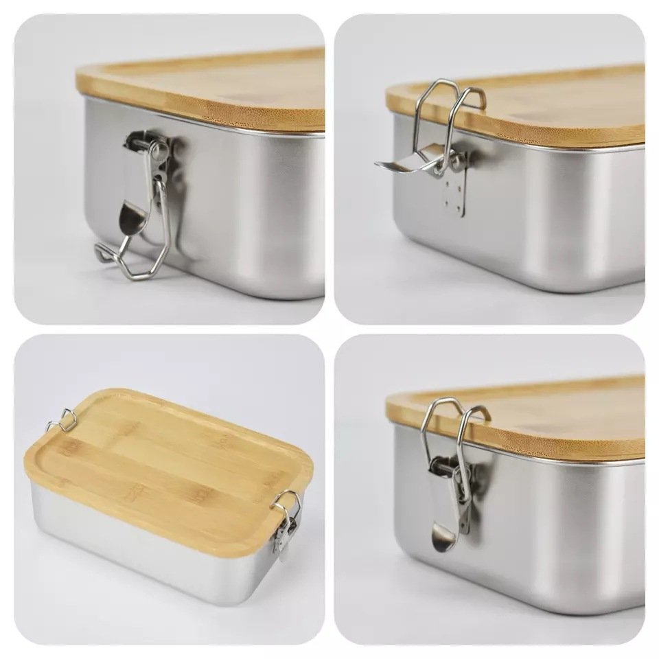 Rectangular leakproof 316 stainless steel lunch box with bamboo lid Belt buckle silicone ring food storage box bento box
