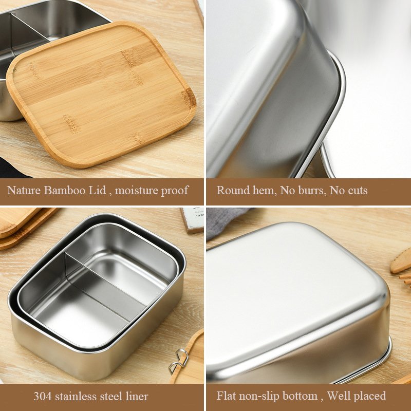 Rectangular leakproof 316 stainless steel lunch box with bamboo lid Belt buckle silicone ring food storage box bento box