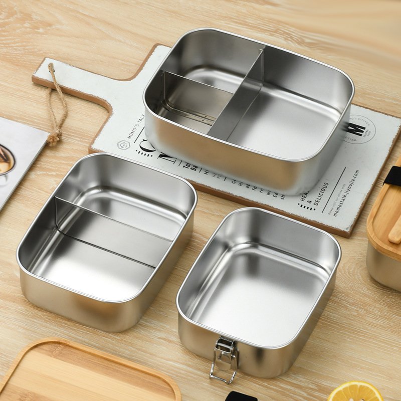 Rectangular leakproof 316 stainless steel lunch box with bamboo lid Belt buckle silicone ring food storage box bento box