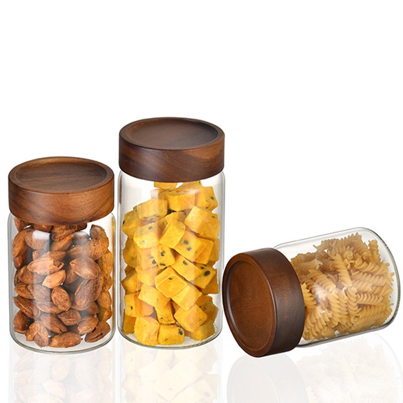 High borosilicate glass spice 800ml food storage jar containers kitchen glass sugar jar with Acacia Wood Lid