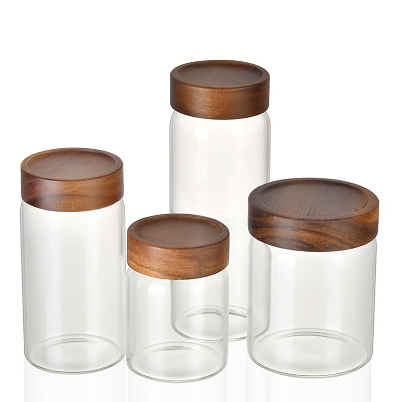 High borosilicate glass spice 800ml food storage jar containers kitchen glass sugar jar with Acacia Wood Lid