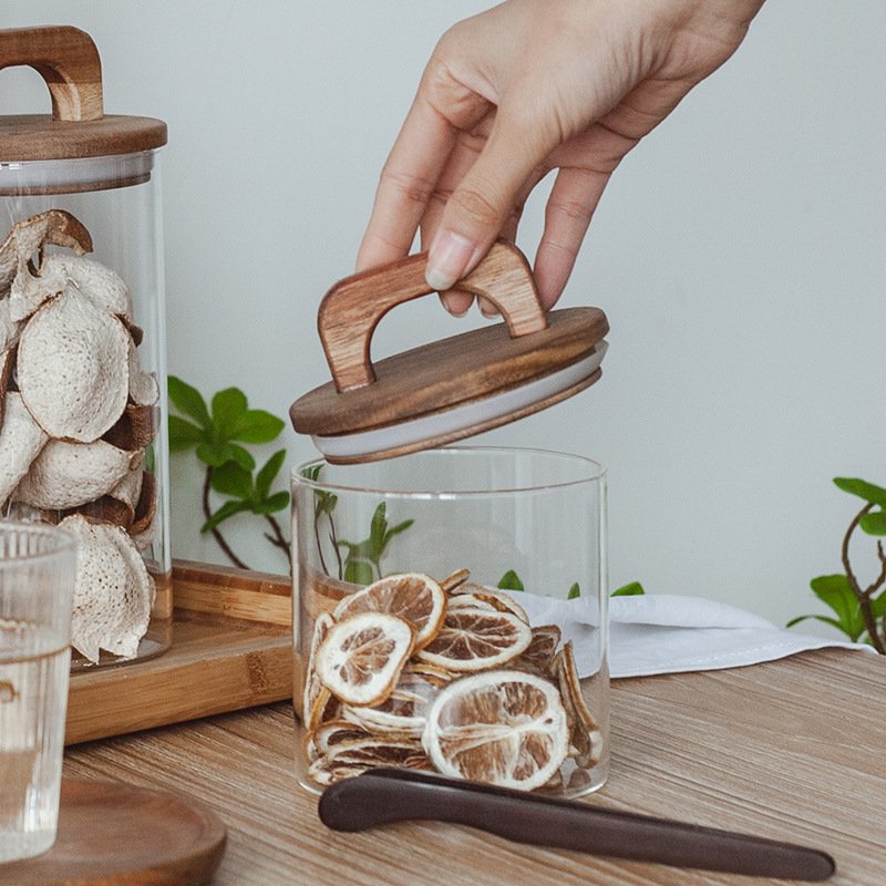 Home Use Food Container Kitchen Tools Grain Dried Fruits Storage with Handle Wooden Lid Glass Container