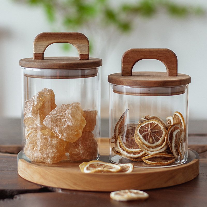 Home Use Food Container Kitchen Tools Grain Dried Fruits Storage with Handle Wooden Lid Glass Container