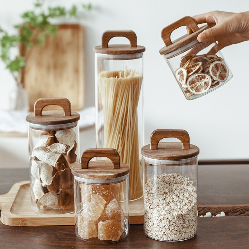 Home Use Food Container Kitchen Tools Grain Dried Fruits Storage with Handle Wooden Lid Glass Container