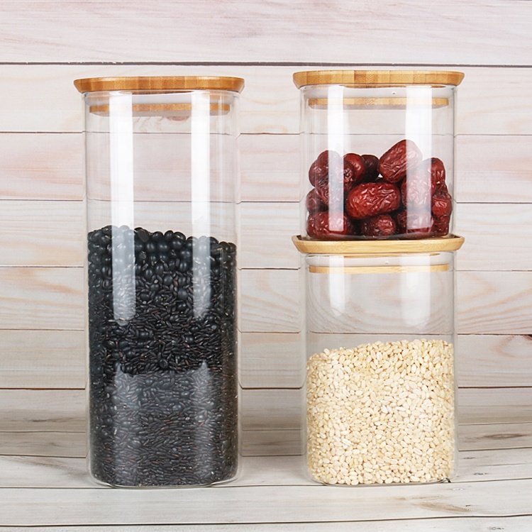 Factory High Quality Square Borosilicate Glass Food Storage Containers Canister with Bamboo Lids Durable Kitchen Storage