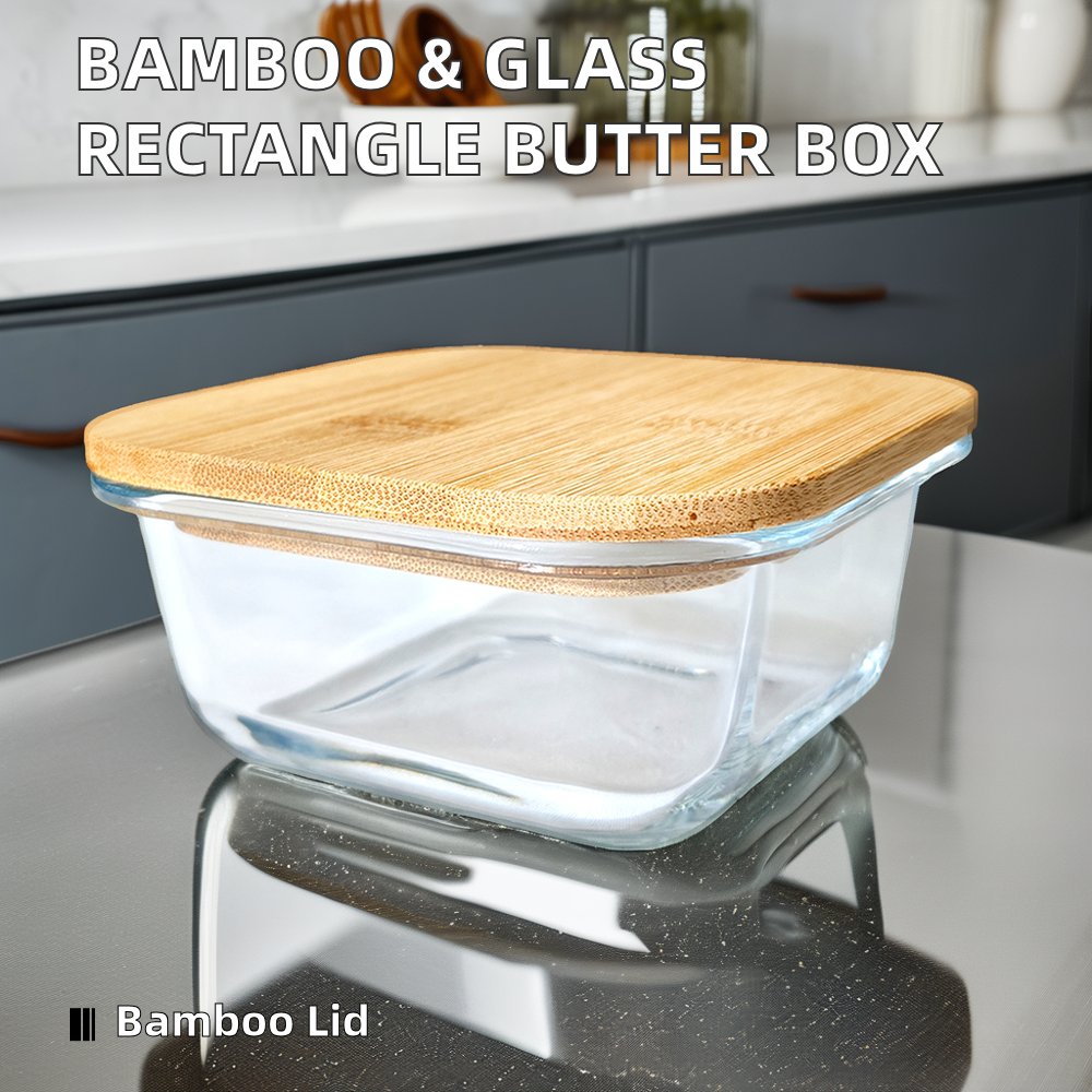 High Borosilicate Glass Storage Containers Box Food Organizer With Bamboo Lid Kitchen Wood Butter Glass Bento Box Box