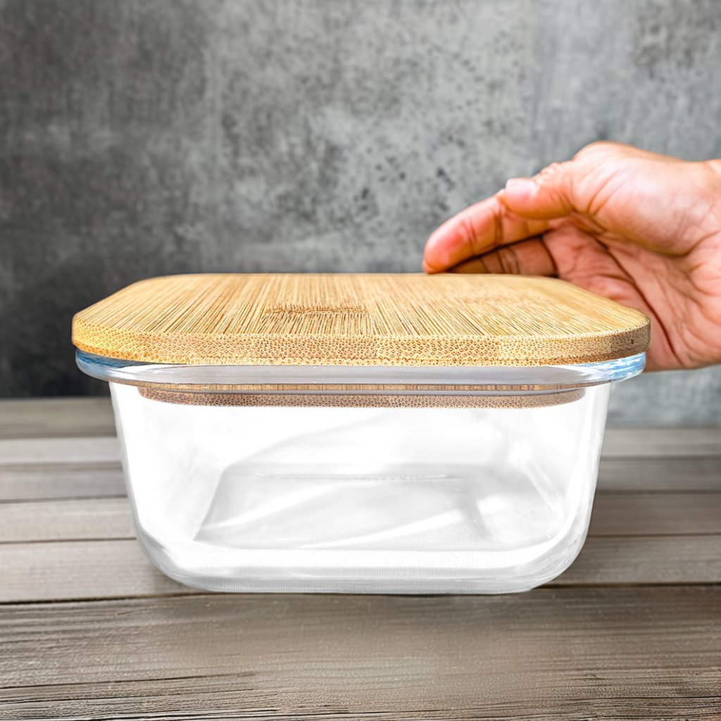 High Borosilicate Glass Storage Containers Box Food Organizer With Bamboo Lid Kitchen Wood Butter Glass Bento Box Box