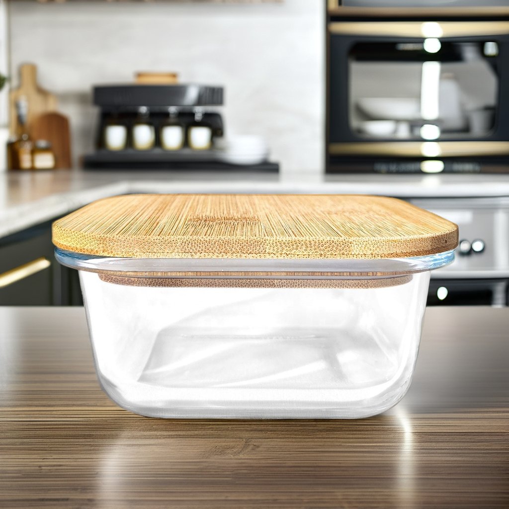 High Borosilicate Glass Storage Containers Box Food Organizer With Bamboo Lid Kitchen Wood Butter Glass Bento Box Box