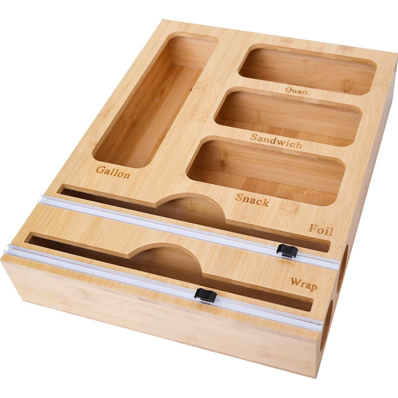 Bamboo Kitchen Drawer Organizer Foil Wrap Dispenser With Cutter Holder Ziplock Bag Food Storage Organizer