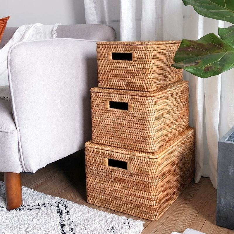 Stackable lidded storage box rattan foldable natural handwoven cheapest price boxes for storing tool and accessories