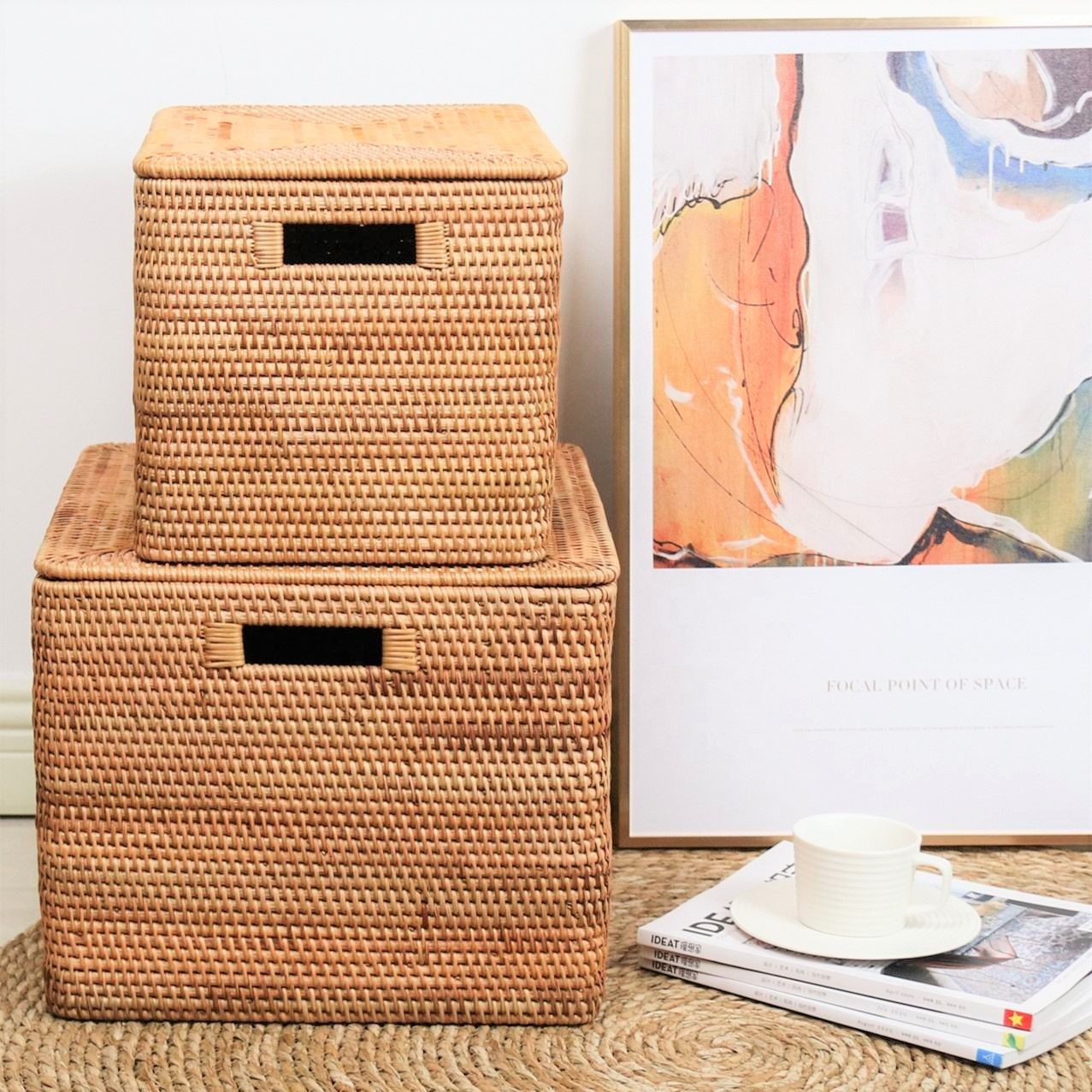 Stackable lidded storage box rattan foldable natural handwoven cheapest price boxes for storing tool and accessories