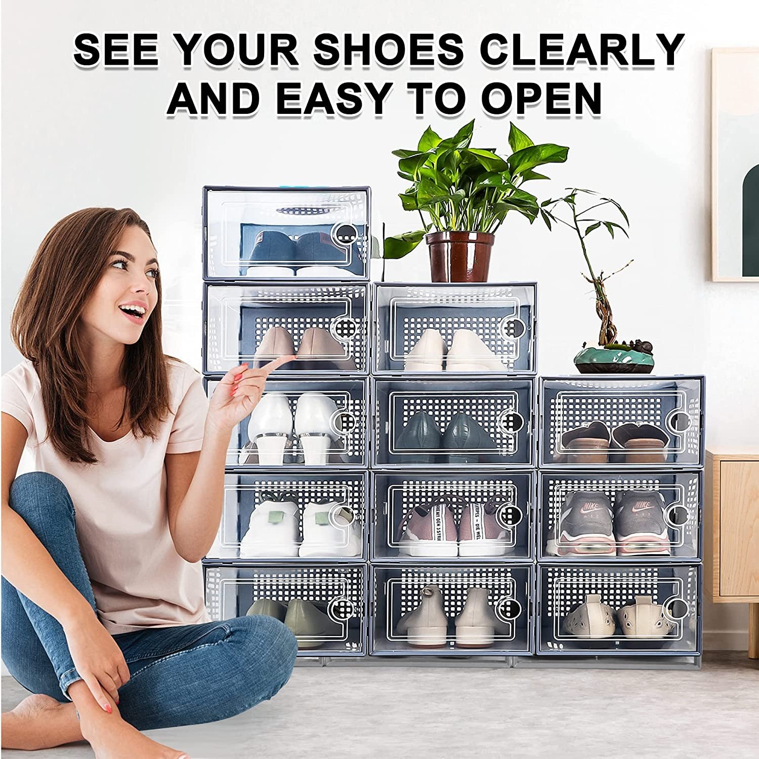 Clear Plastic Stackable Pack Shoe Organizer Storage Boxes for Closet