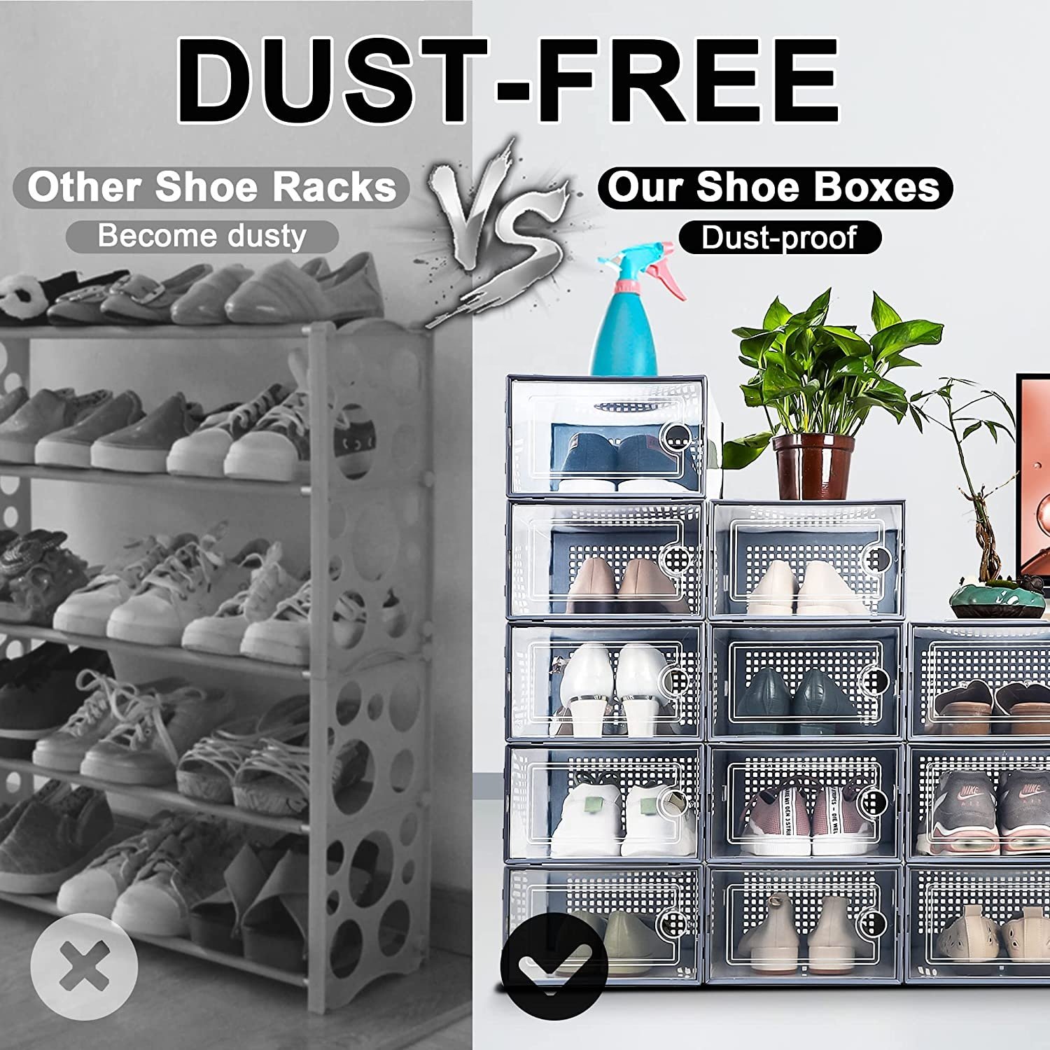 Clear Plastic Stackable Pack Shoe Organizer Storage Boxes for Closet