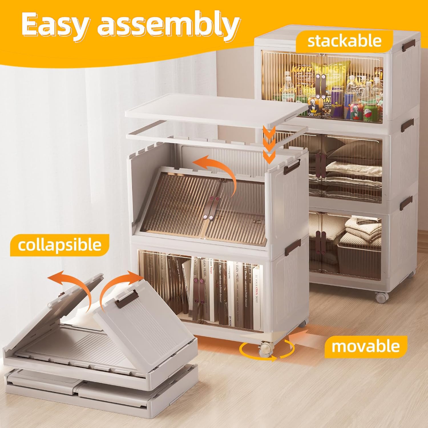 kid living room Large Plastic Storage Bins Stackable Storage Containers with Wheels and Lids Folding Storage Boxes