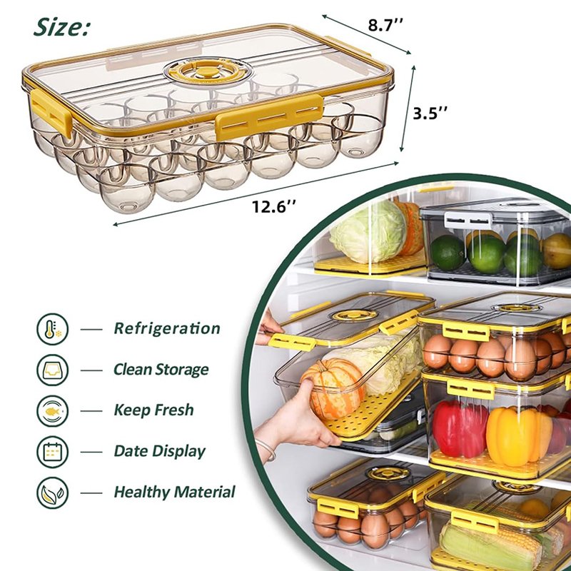 18 24 Egg Holder for Refrigerator Eggs Organizer Tray Stackable Clear PET Egg Container with Lid and Time Scale