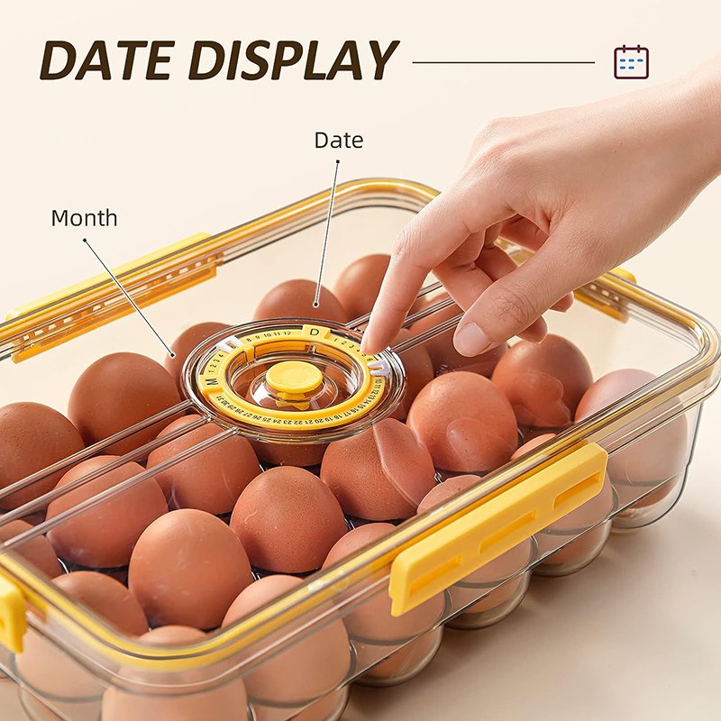 18 24 Egg Holder for Refrigerator Eggs Organizer Tray Stackable Clear PET Egg Container with Lid and Time Scale