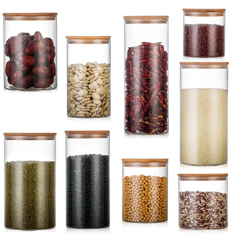 Stackable Kitchen Canisters Food Storage Containers Glass Storage Jar Clear Glass with Airtight Bamboo Lid Free Multifunction