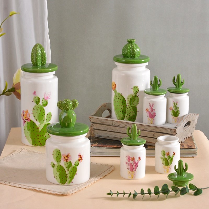 Wholesale Kitchenware Food Storage Jar With 3D Cactus Shape Lid Canister Set Storage Ceramic Sealed Container Jar for Halloween