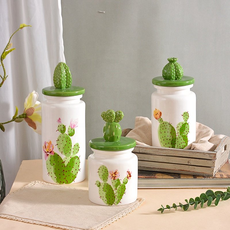 Wholesale Kitchenware Food Storage Jar With 3D Cactus Shape Lid Canister Set Storage Ceramic Sealed Container Jar for Halloween