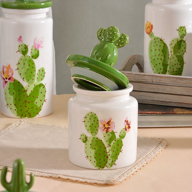 Wholesale Kitchenware Food Storage Jar With 3D Cactus Shape Lid Canister Set Storage Ceramic Sealed Container Jar for Halloween