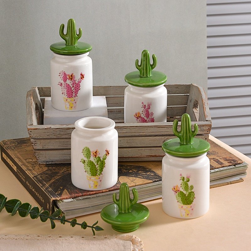 Wholesale Kitchenware Food Storage Jar With 3D Cactus Shape Lid Canister Set Storage Ceramic Sealed Container Jar for Halloween