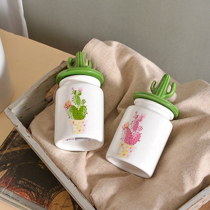 Wholesale Kitchenware Food Storage Jar With 3D Cactus Shape Lid Canister Set Storage Ceramic Sealed Container Jar for Halloween
