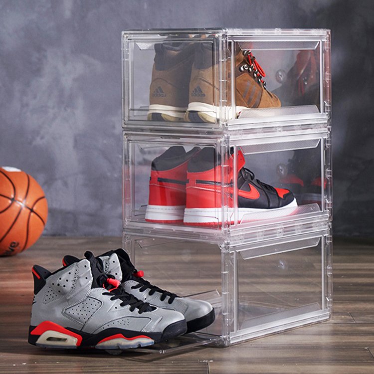 Plastic Stackable Foldable Organizer Container Box Clear Collapsible Basketball Shoe Sneaker Storage Box Display Box for Shoes