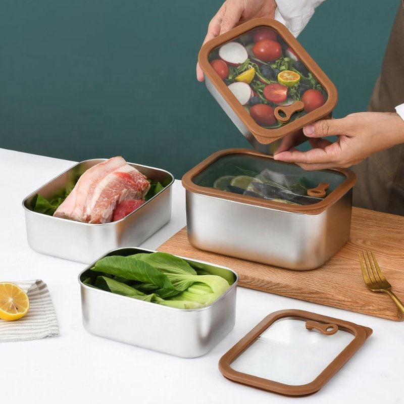 Airtight Food Prep Meat Storage Container Glass lids Stainless Steel Lunch Box Fresh Keeping Box