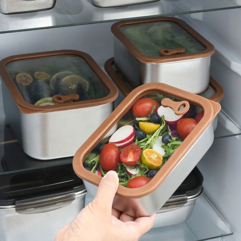 Airtight Food Prep Meat Storage Container Glass lids Stainless Steel Lunch Box Fresh Keeping Box