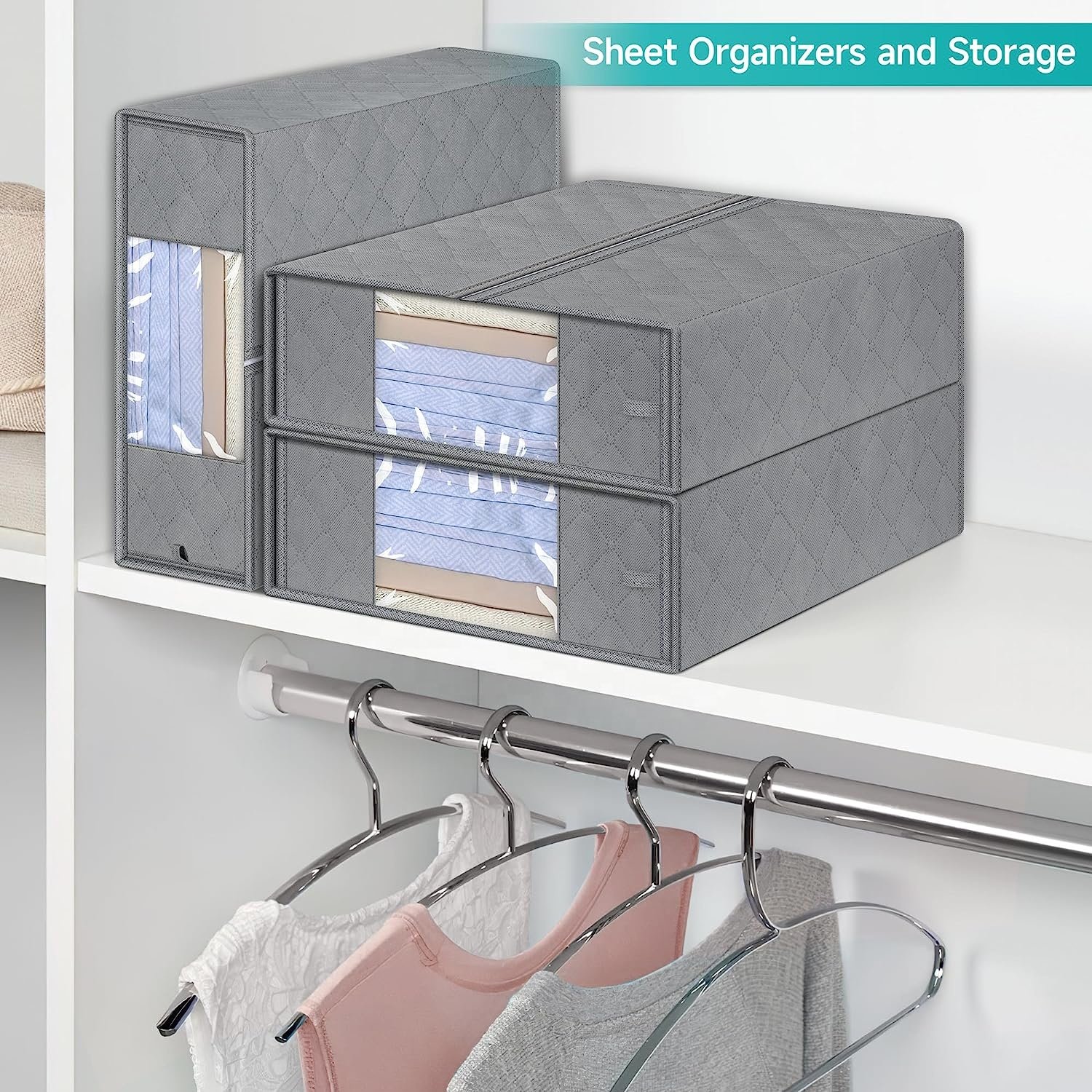 Fabric Bed Sheet Organizer Duvet Covers Pillowcases Collapsible Zipper Foldable Bedding Organizer Storage Box Bins Set