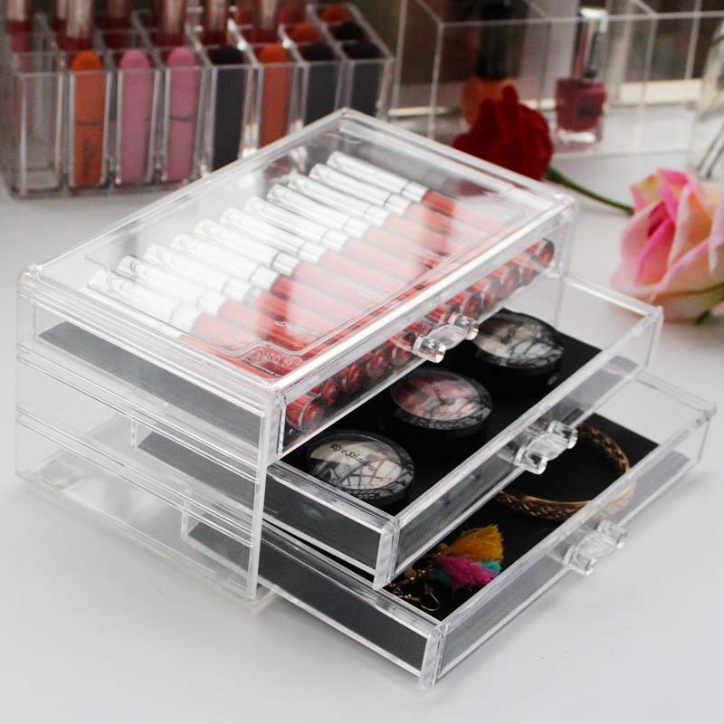 Acrylic large with 3 drawer type desktop cosmetics storage box acrylic transparent makeup box