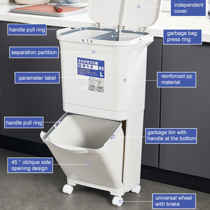 Hot Selling Storage Boxes & Bins Custom Logo OEM 3 Compartment Classified Trash Can Plastic Household Kitchen Garbage Can