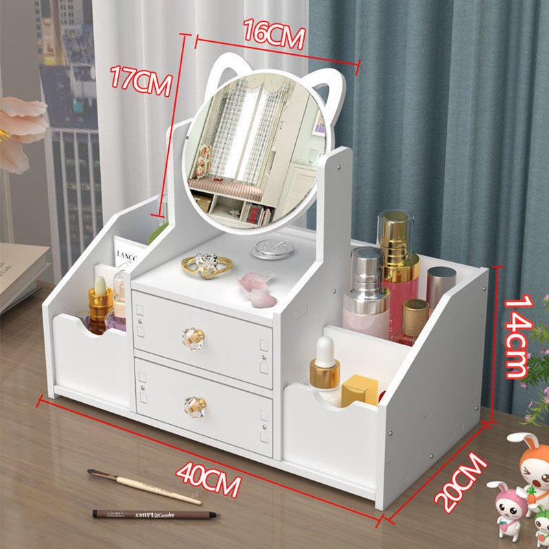 Luxury white round mirror nordic cosmetic storage box makeup organizer with cat ears