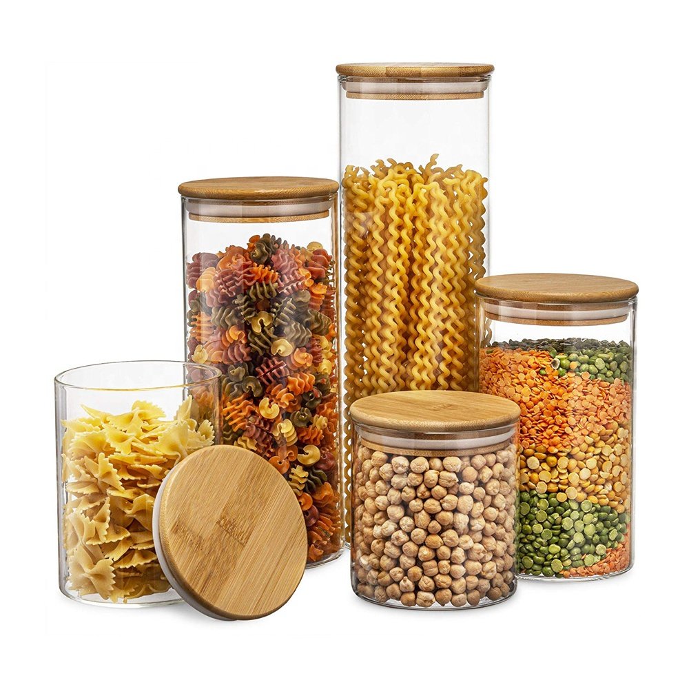 Eco-friendly glass jars with lids Various sizes food storage container jar with bamboo lid