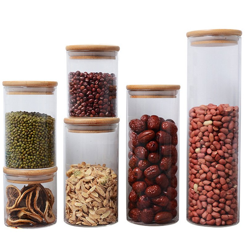 kitchen Food Storage glass jar with bamboo wood lid Glass Jar with lid container