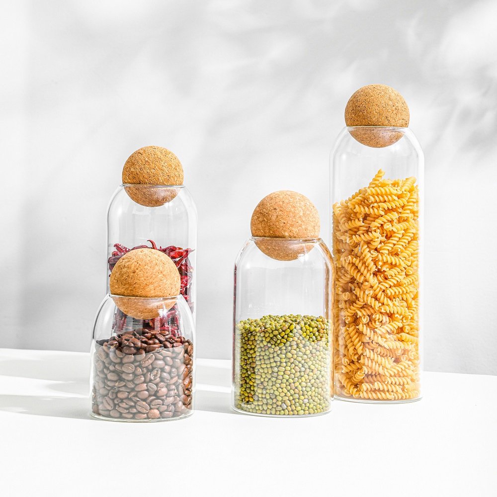 High Borosilicate Glass Jars For Storage Food Storage Jars Set with Wood Lid Cork Ball