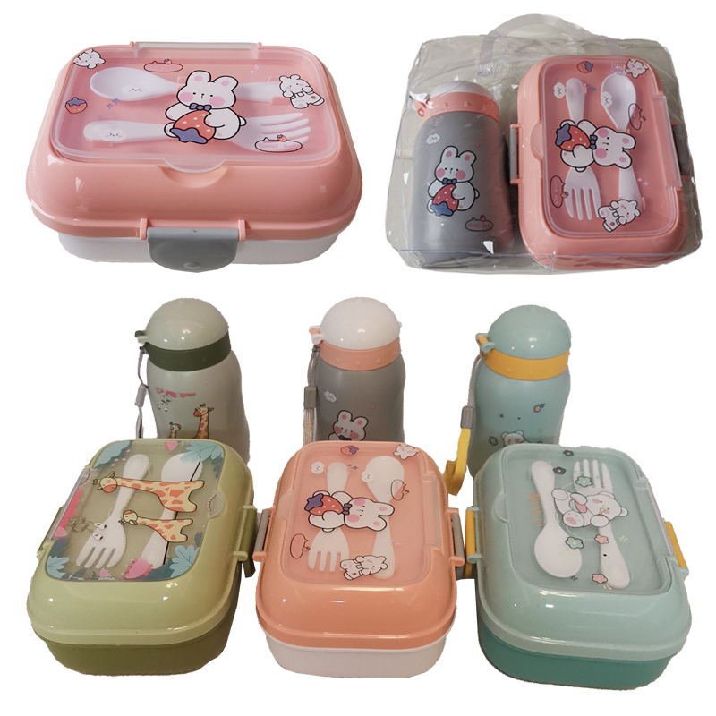 Kawaii boys girls 700ml leakproof 2 compartment tiffin bento box food container kid school lunch box and water bottle set