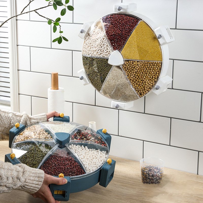 DS1845 Kitchen Accessories Organizers Storage Household Food Storage 6 Grid Wall-Mounted Grain Storage Box Rice Dispenser