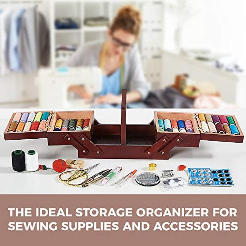 professional Expandable wooden needle sewing basket organizer storage boxes for thread spools embroidery quilting cross stitch