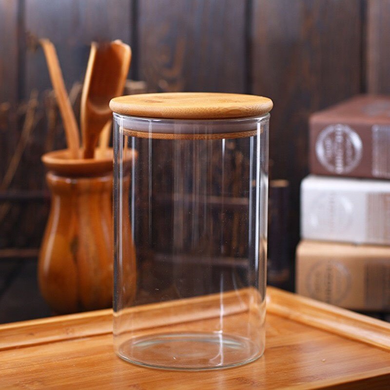 Handmade Glass Bottle Storage Jar with Wooden Lid Hot Sale 175ml 1250ml Capacity Food Spice Container Bamboo Material Safe Empty