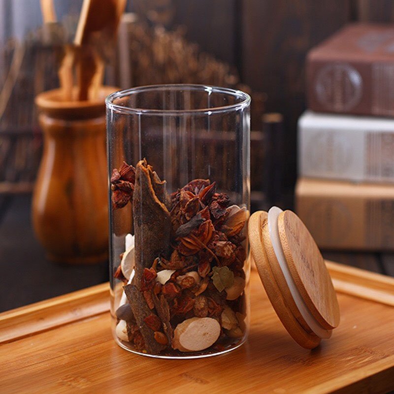 Handmade Glass Bottle Storage Jar with Wooden Lid Hot Sale 175ml 1250ml Capacity Food Spice Container Bamboo Material Safe Empty