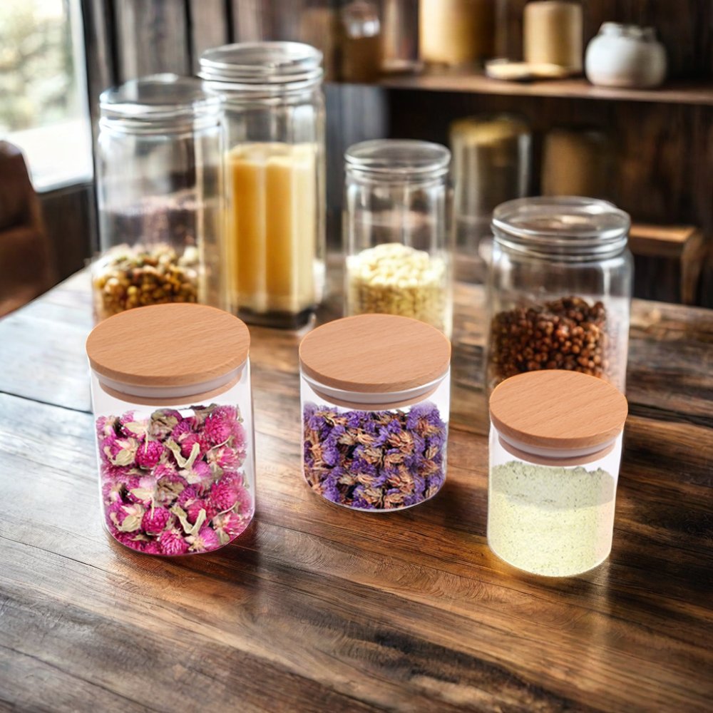 SOPEWOD Eco-Friendly Clear Glass Food Storage Jars with Airtight Bamboo Lid for Packing Candy Cookies Rice Sugar Flour Nuts