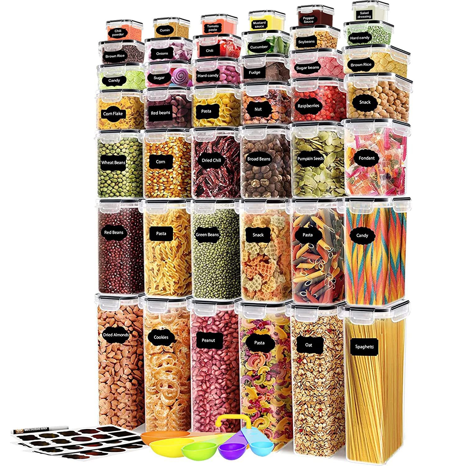 Pantry 42 Pieces Set Bpa-Free Airtight Plastic Stackable Kitchen Organizer Cereal Dry Food Storage Bin Box Container