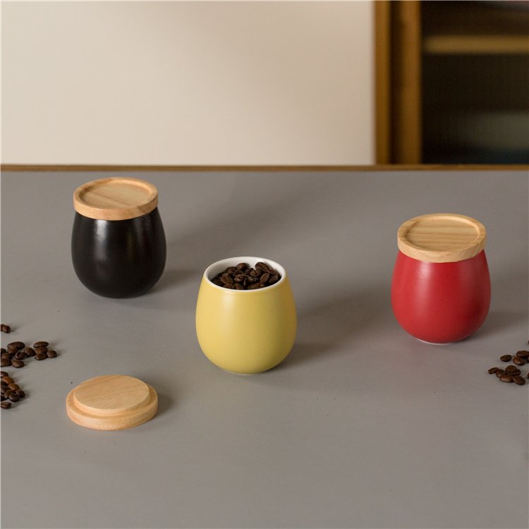 eco-friendly custom logo matte multi-colored kitchenware ceramic airtight coffee tea sugar food canister with wooden lid