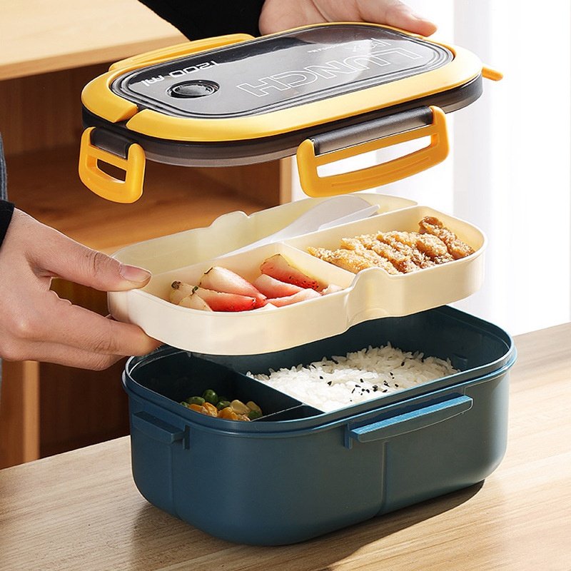 Factory Wholesale 1200ml Food Storage Container Plastic Double Layer Bento Box Kids Adult Leak Proof Lunch Box